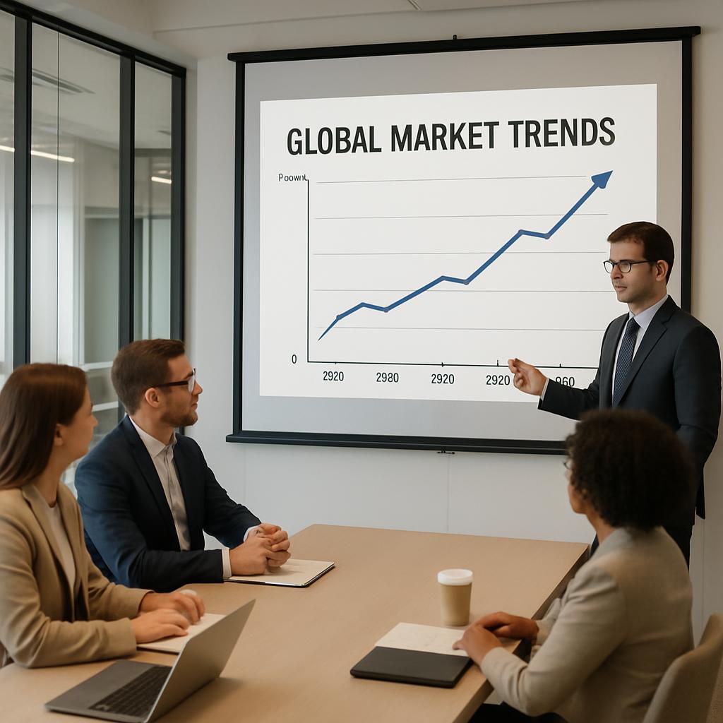 A man in a suit presents a line graph titled "Global Market Trends" to three colleagues, indicating a steadily increasing ...