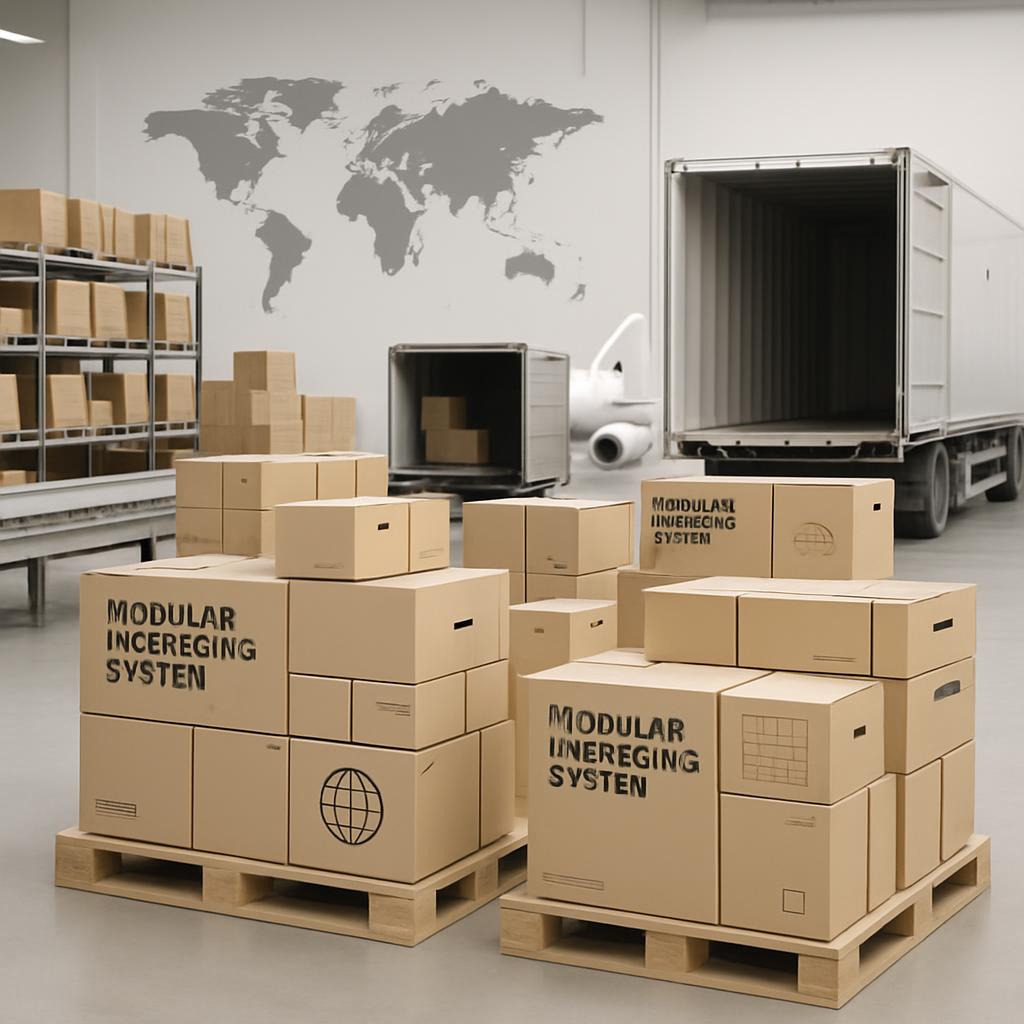 Alt text: Pallets of cardboard boxes and a warehouse interior.